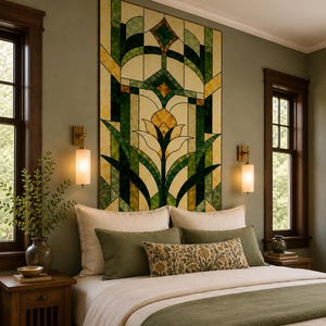 Patterned wallpaper used as a refined bedroom feature wall